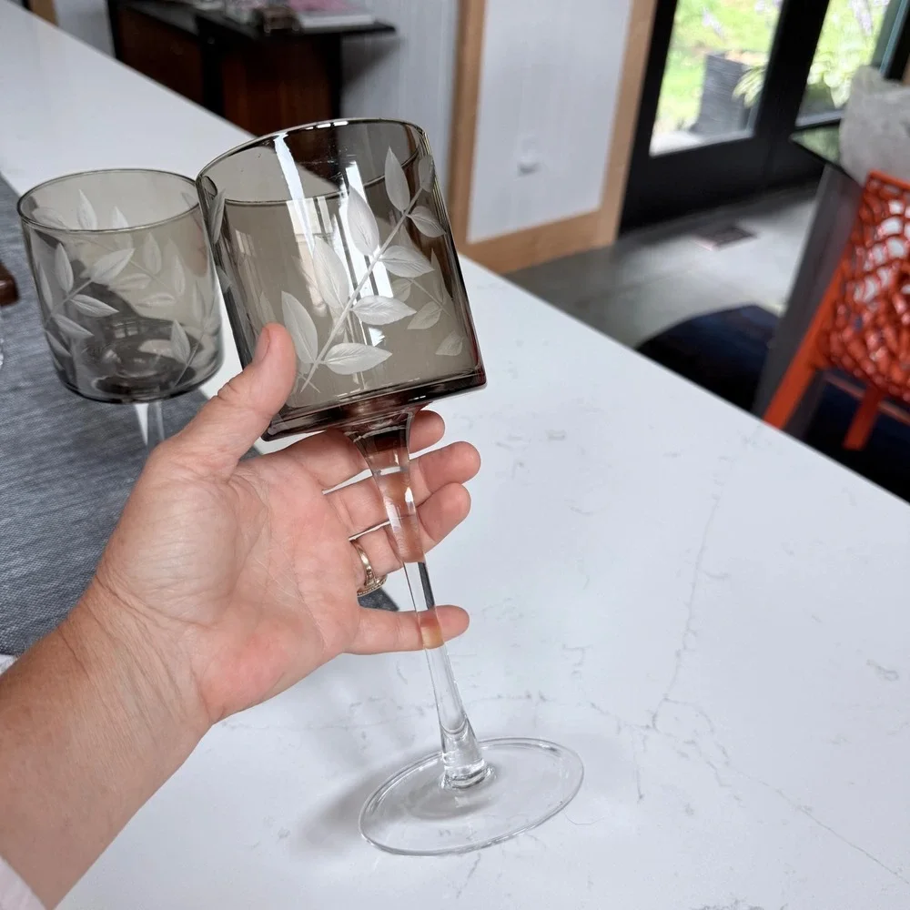 Pair‎ of 2 Vintage Smoked Gray Cylinder Wine Glasses Botanical~Candle Holders
